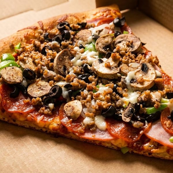 A single slice of supreme pizza, loaded with pepperoni, sausage, mushrooms, olives, and peppers, in a box.