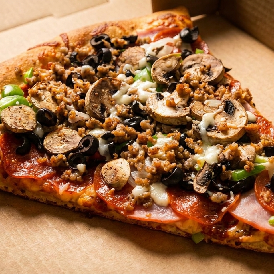 A single slice of supreme pizza, loaded with pepperoni, sausage, mushrooms, olives, and peppers, in a box.