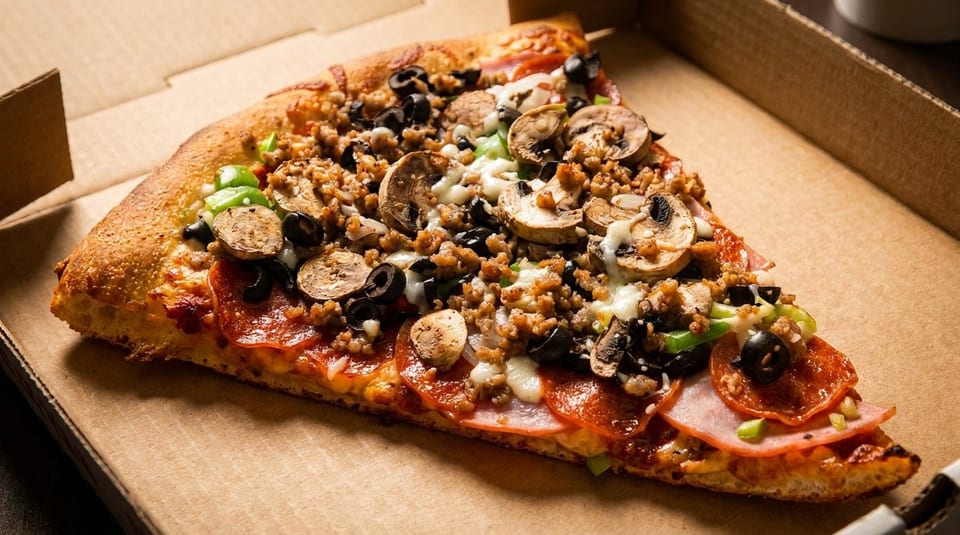 A single slice of supreme pizza, loaded with pepperoni, sausage, mushrooms, olives, and peppers, in a box.