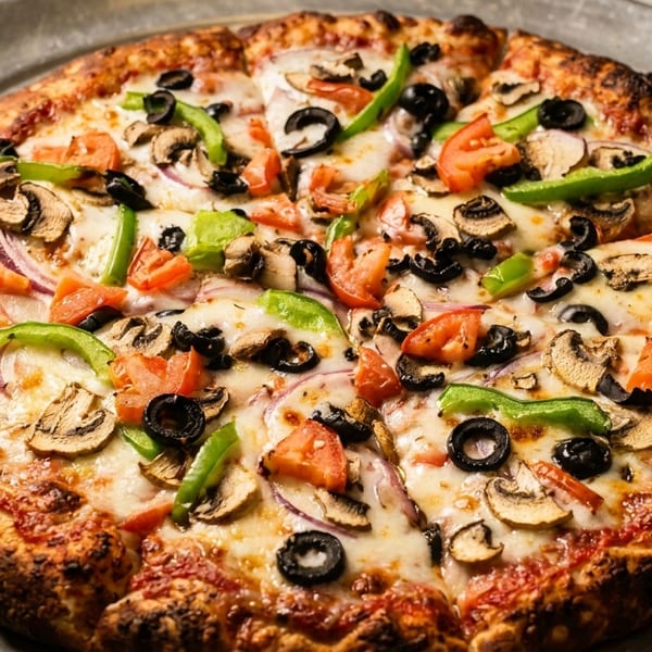 A whole vegetarian pizza with mushrooms, olives, tomatoes, onions, and green peppers on a metal tray.