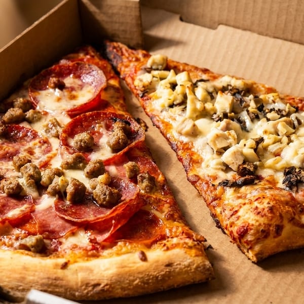 Two pizza slices, one pepperoni and sausage, the other chicken and mushroom, in a cardboard box.