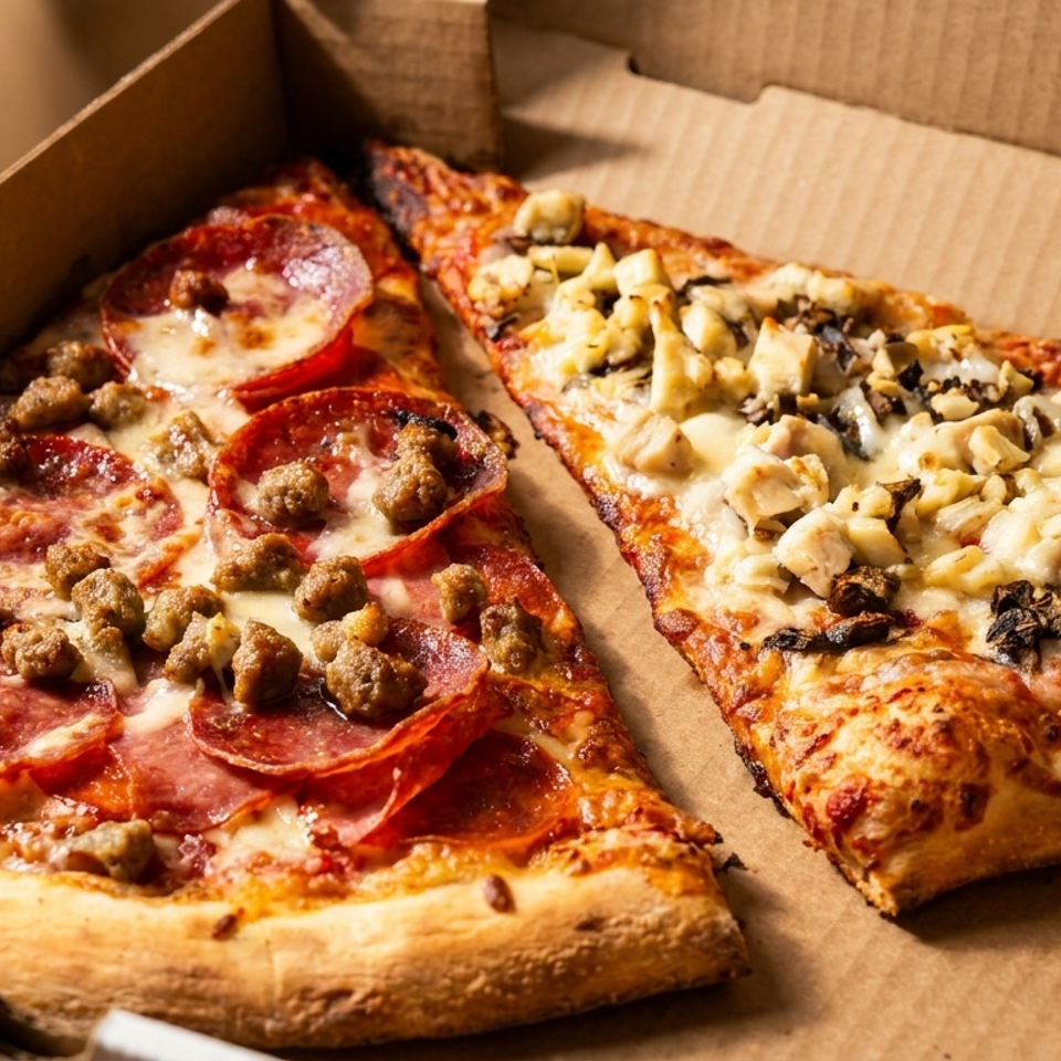 Two pizza slices, one pepperoni and sausage, the other chicken and mushroom, in a cardboard box.