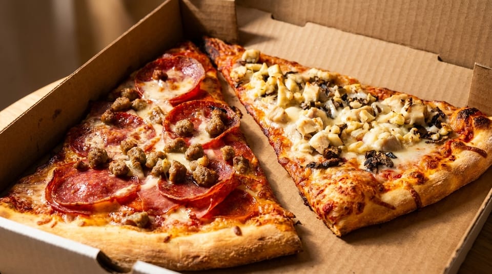 Two pizza slices, one pepperoni and sausage, the other chicken and mushroom, in a cardboard box.