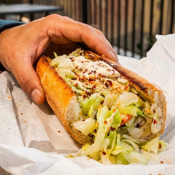 A hand holds a large sandwich filled with lettuce, cheese, and red pepper flakes.