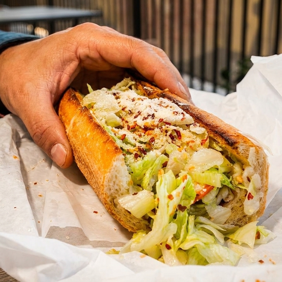 A hand holds a large sandwich filled with lettuce, cheese, and red pepper flakes.
