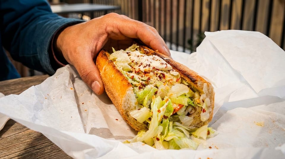 A hand holds a large sandwich filled with lettuce, cheese, and red pepper flakes.