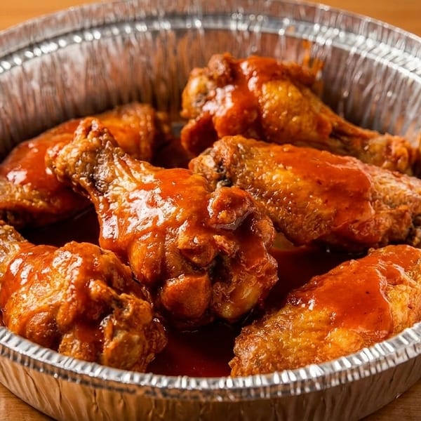 Buffalo wings coated in red sauce, served in a round aluminum takeout container on a wooden surface.