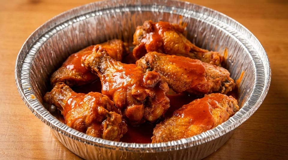 Buffalo wings coated in red sauce, served in a round aluminum takeout container on a wooden surface.