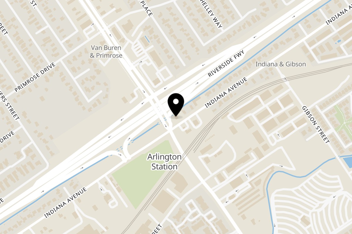 Map showing the location of New York Pizza Co on 3411 Van Buren Boulevard in Riverside
